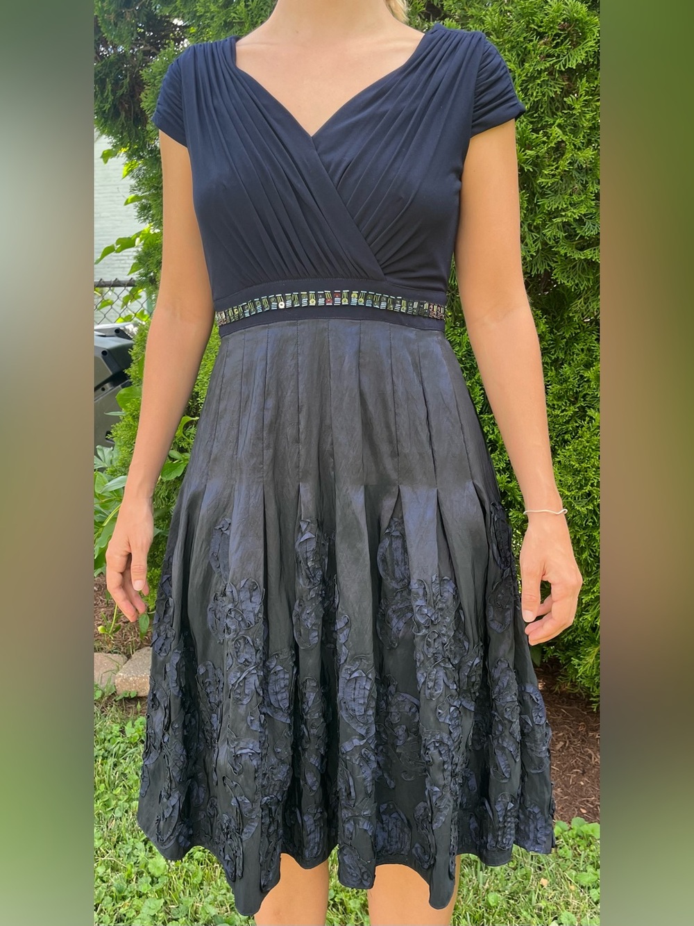 Adrianna Papell Navy Beaded Fit and Flare Midi Cocktail Dress Size 6